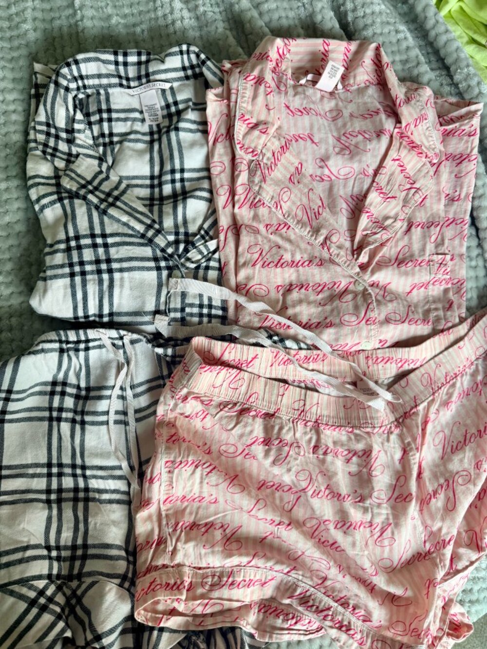 Victoria’s Secret 2-Pack Pajama Sets Plaid & Pink Script Button Down sleep sets